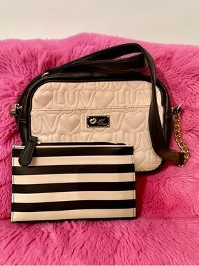 Luv Betsey Johnson Cream Rose Cross Body Bag w/ Stripped Bag Set